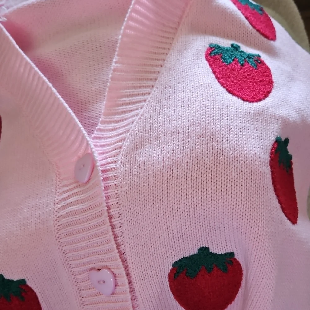 SWEET SOCIETY Pink Strawberry Cardigan Sweater  - S